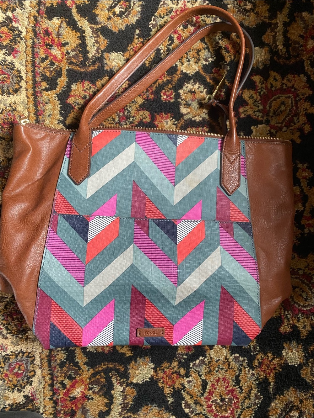 Fossil Chevron Tote in Brown with Pink, Teal and Coral Accents